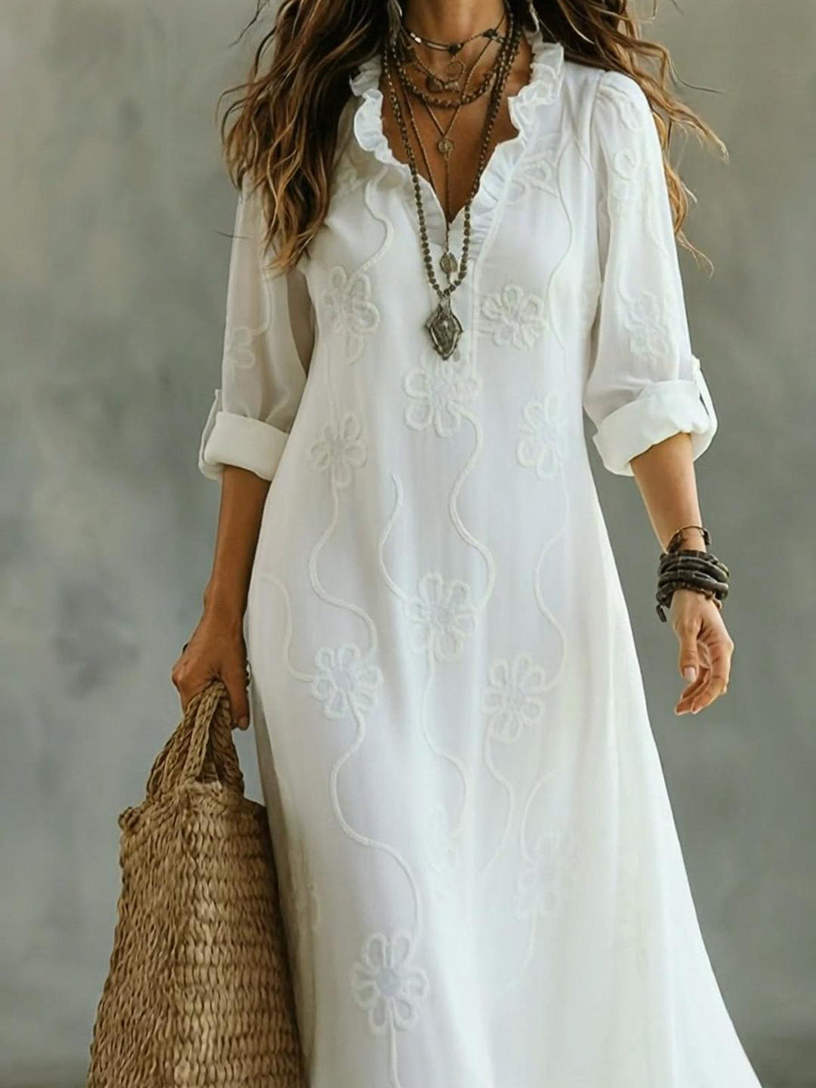 Kallie - Vestido maxi bordado con escote en V de corte casual