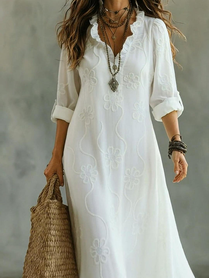 Kallie - Vestido maxi bordado con escote en V de corte casual