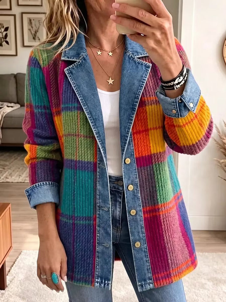 Sasha - Chamarra de mezclilla de punto a cuadros multicolor