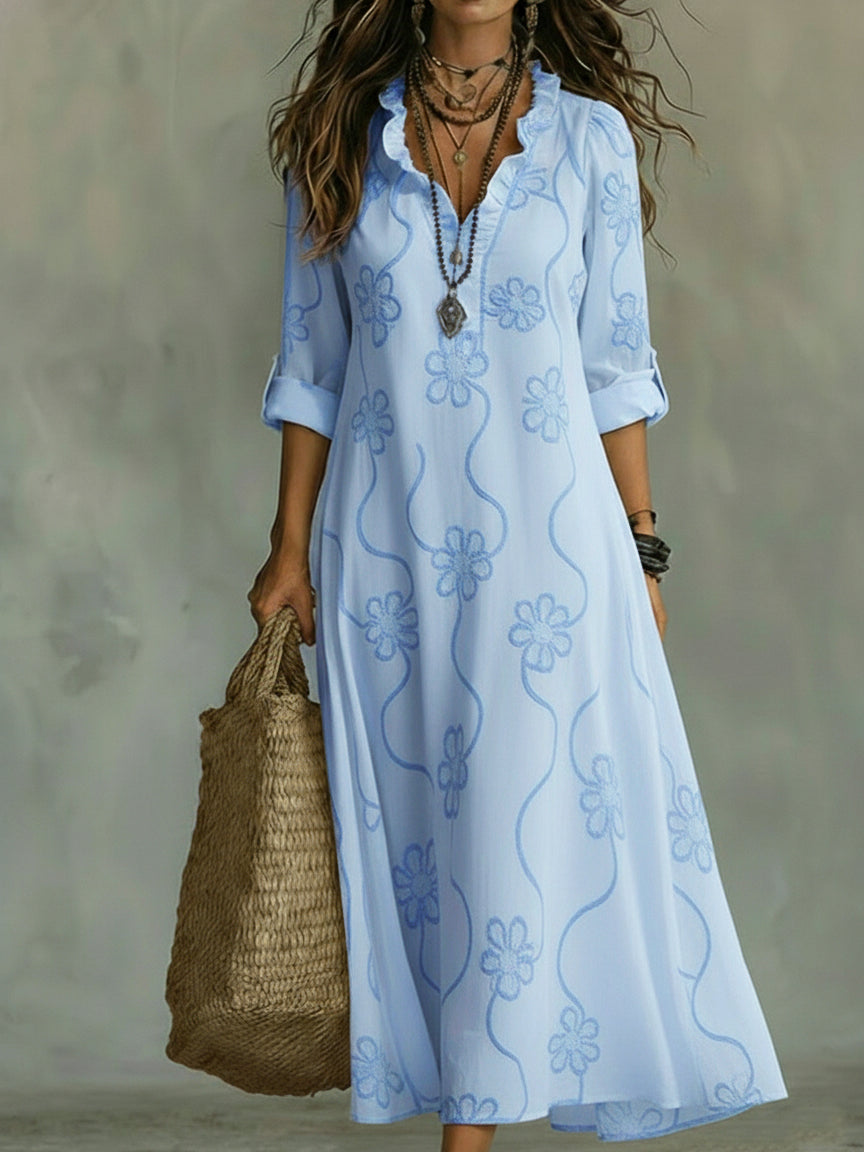 Kallie - Vestido maxi bordado con escote en V de corte casual