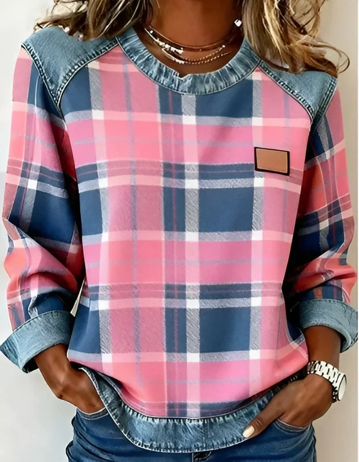 Adair - Sudadera casual de cuello redondo a cuadros