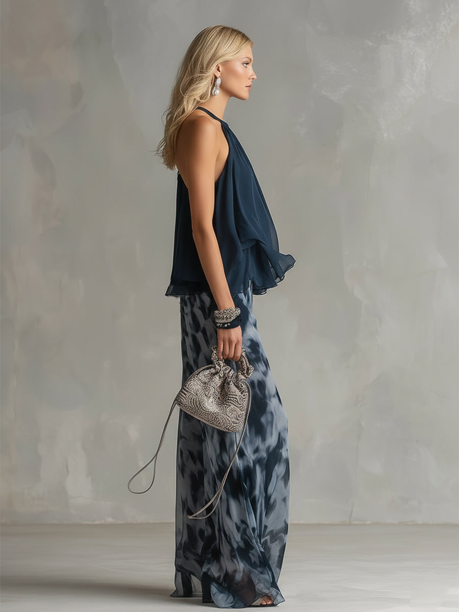 Norelda - Conjunto de top elegante de cuello alto y pantalón de pierna ancha
