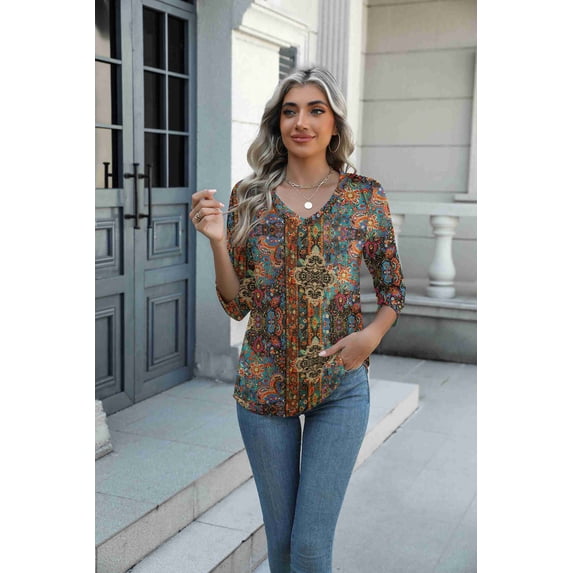 Arianwen - Blusa estampada con escote en V y tacto suave