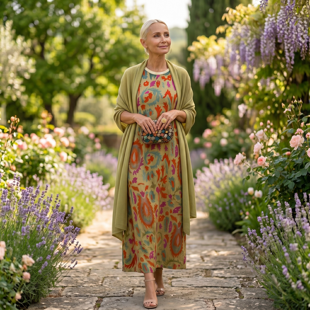 Lilith - Conjunto de vestido midi estampado y cárdigan largo