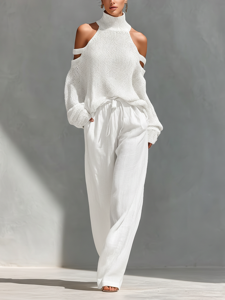 Diorelle - Conjunto de top de punto y pantalón de pierna ancha