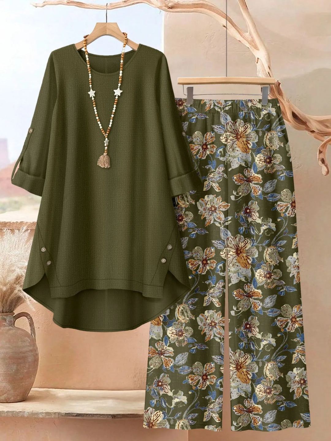 Rosette - Conjunto de túnica estilo capa ligera y pantalón de pierna ancha