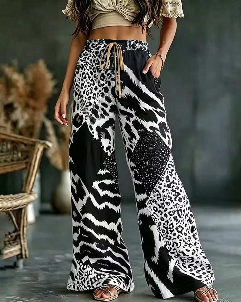 Elfrida - Pantalón de pierna ancha con parche de leopardo, suave al tacto