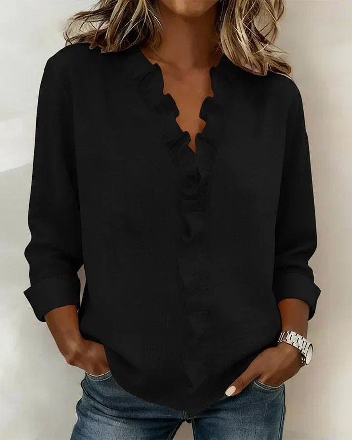Brinae - Blusa de manga larga con holanes y escote en V de tacto suave