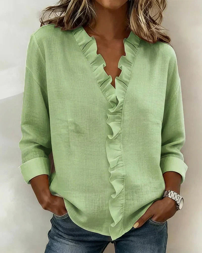 Brinae - Blusa de manga larga con holanes y escote en V de tacto suave