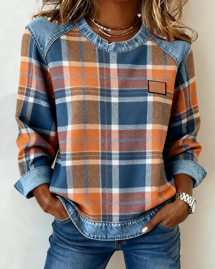 Adair - Sudadera casual de cuello redondo a cuadros