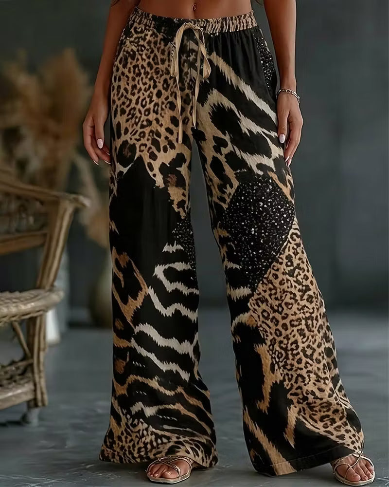 Elfrida - Pantalón de pierna ancha con parche de leopardo, suave al tacto