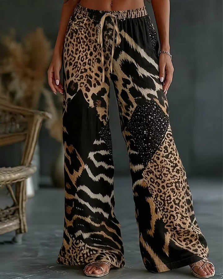 Elfrida - Pantalón de pierna ancha con parche de leopardo, suave al tacto
