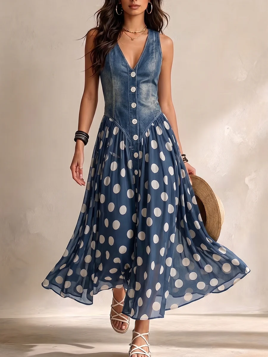 Ameliora - Vestido de lunares de materiales mixtos