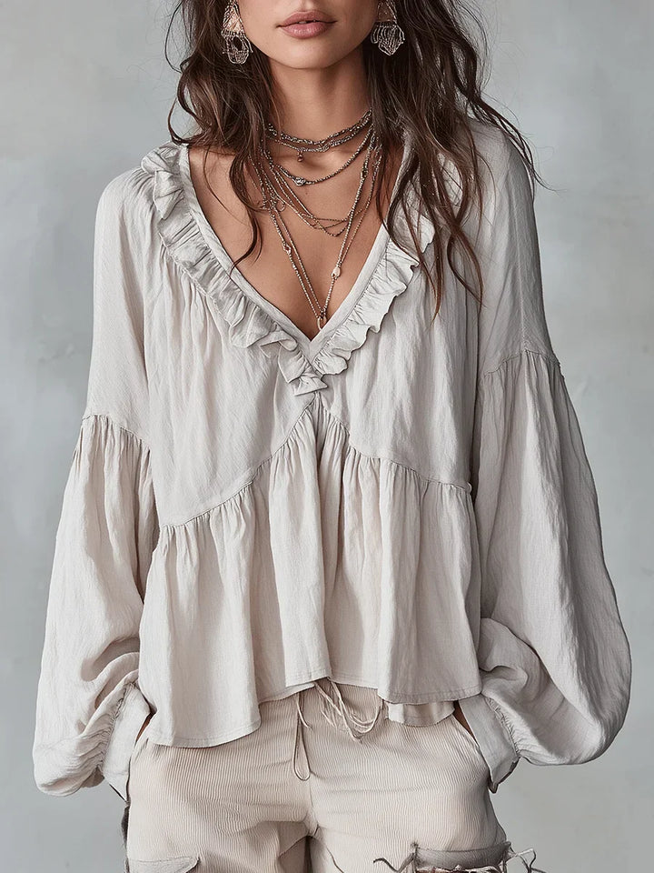 Narella - Blusa con holanes y escote en V