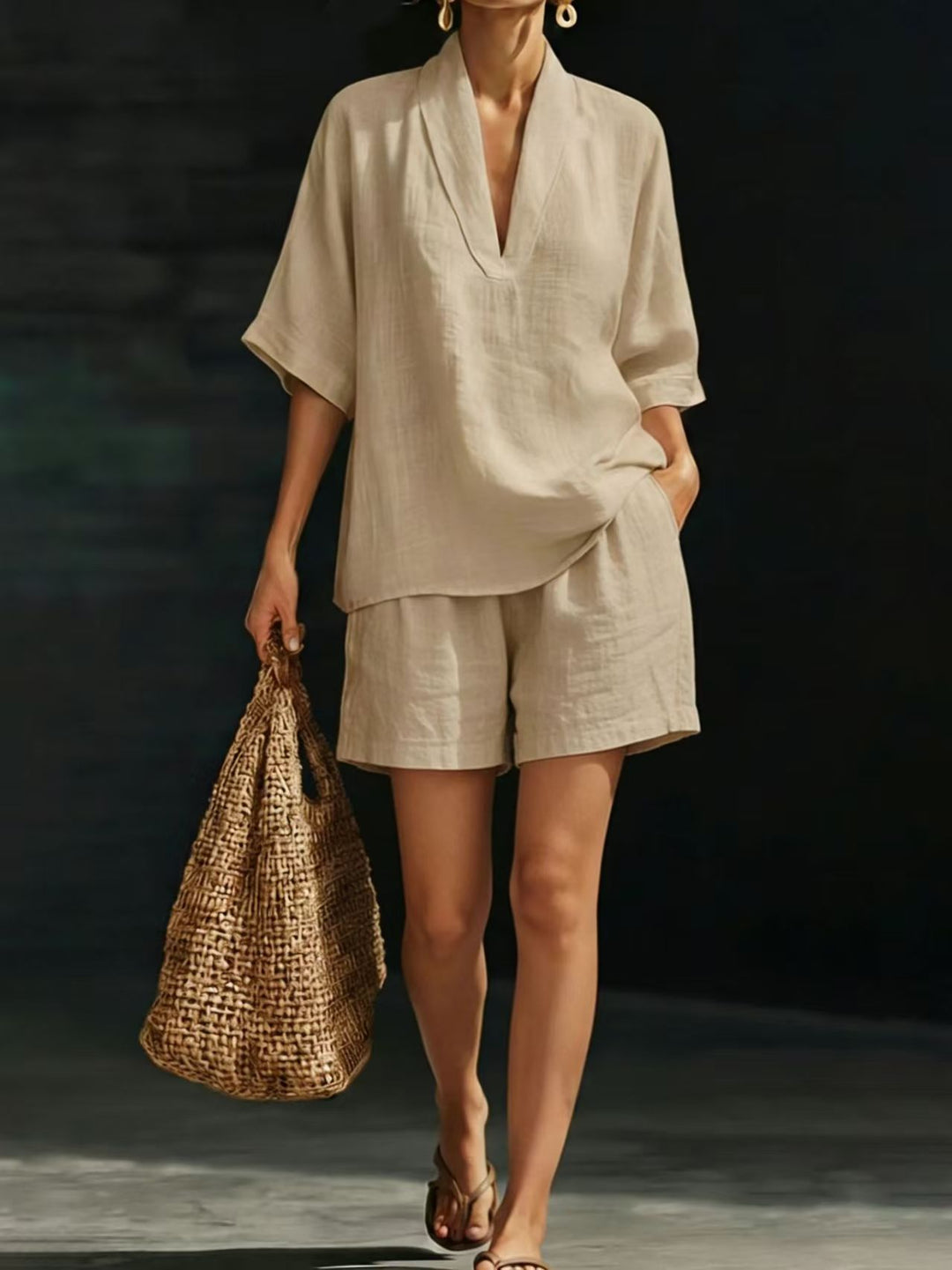 Yamina - Conjunto de top con escote en V y shorts de tacto suave