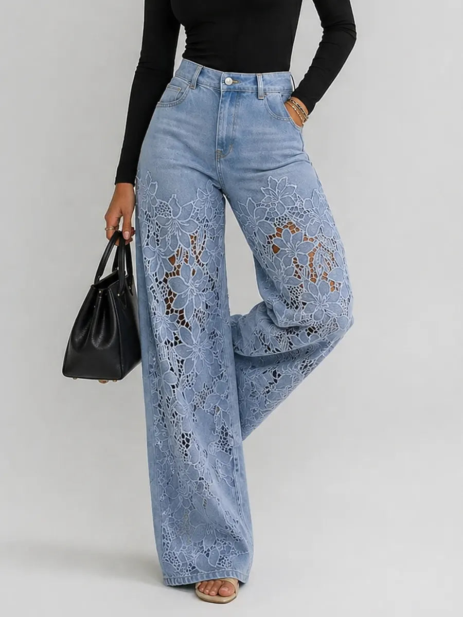Kaliora - Jeans de pierna ancha con encaje floral