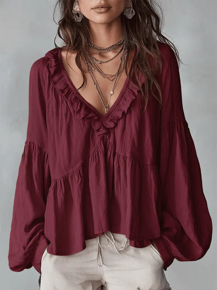 Narella - Blusa con holanes y escote en V