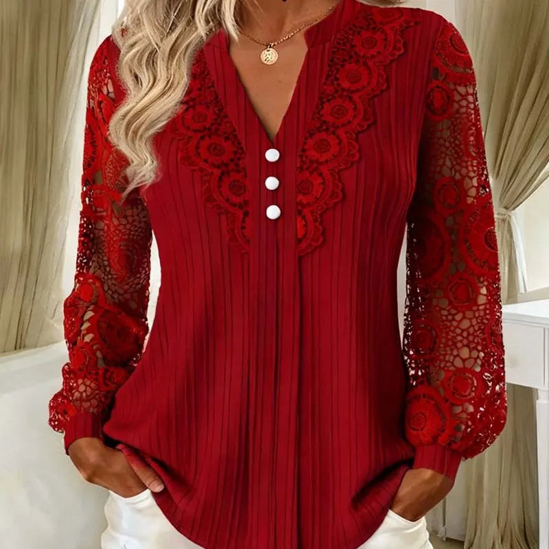 Caravelle - Blusa de manga larga con encaje plisado