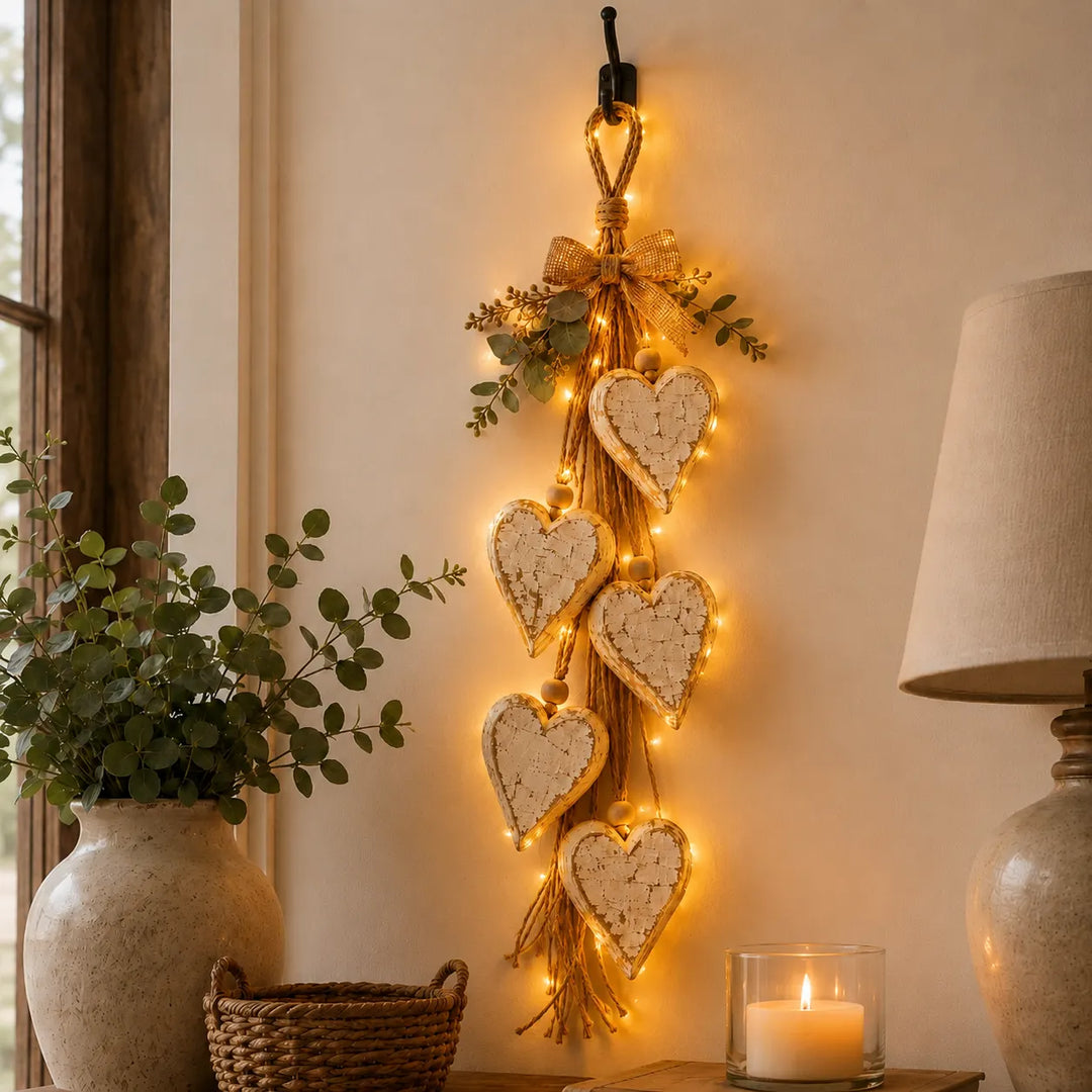 Alinora - Colgante de pared con borlas de corazón en acabado envejecido