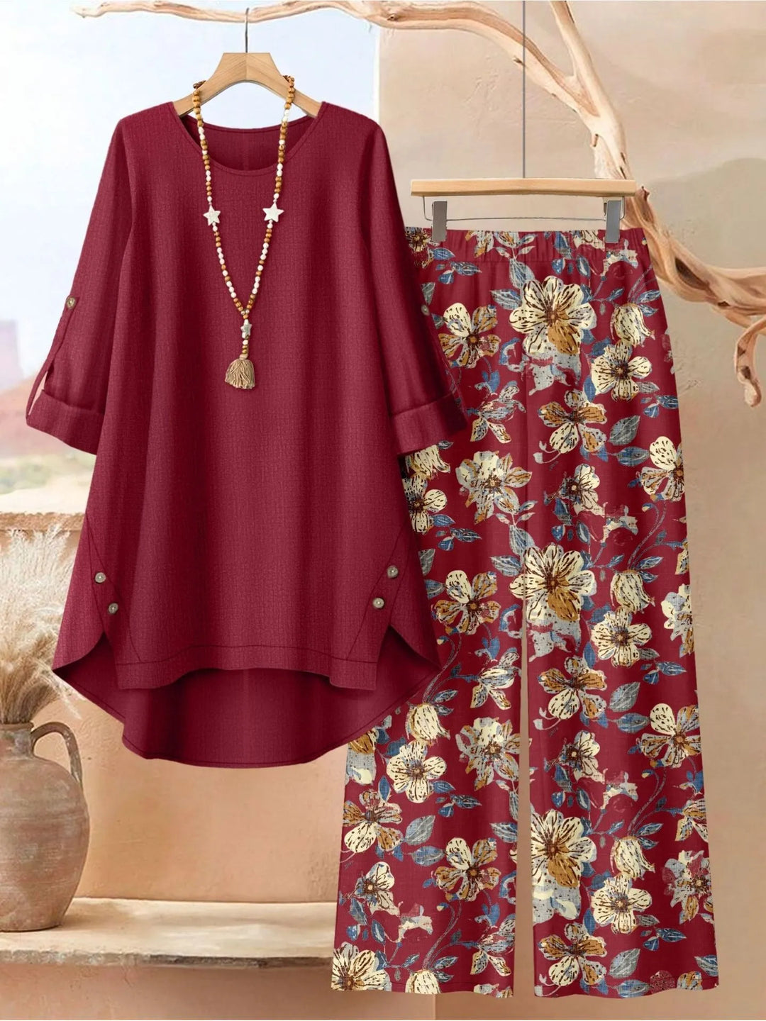Rosette - Conjunto de túnica estilo capa ligera y pantalón de pierna ancha