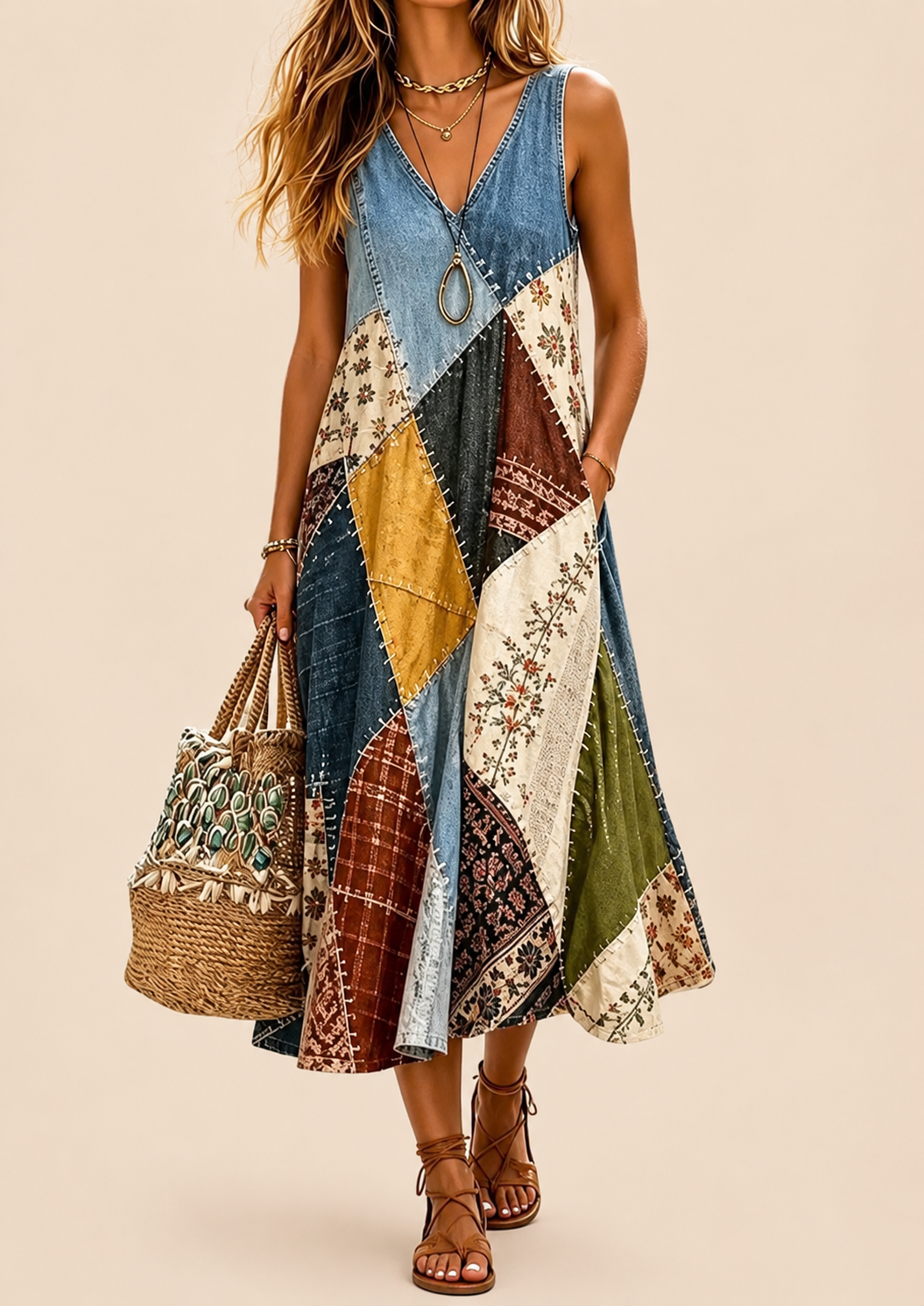 Arwyn - Vestido bohemio de patchwork vaporoso