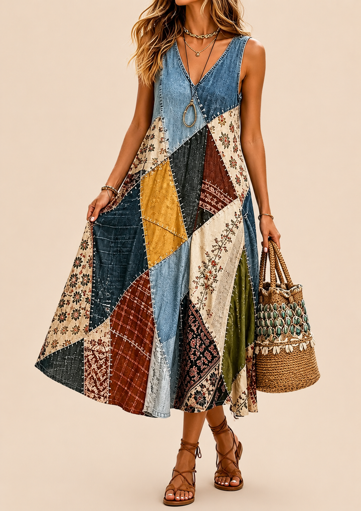 Arwyn - Vestido bohemio de patchwork vaporoso