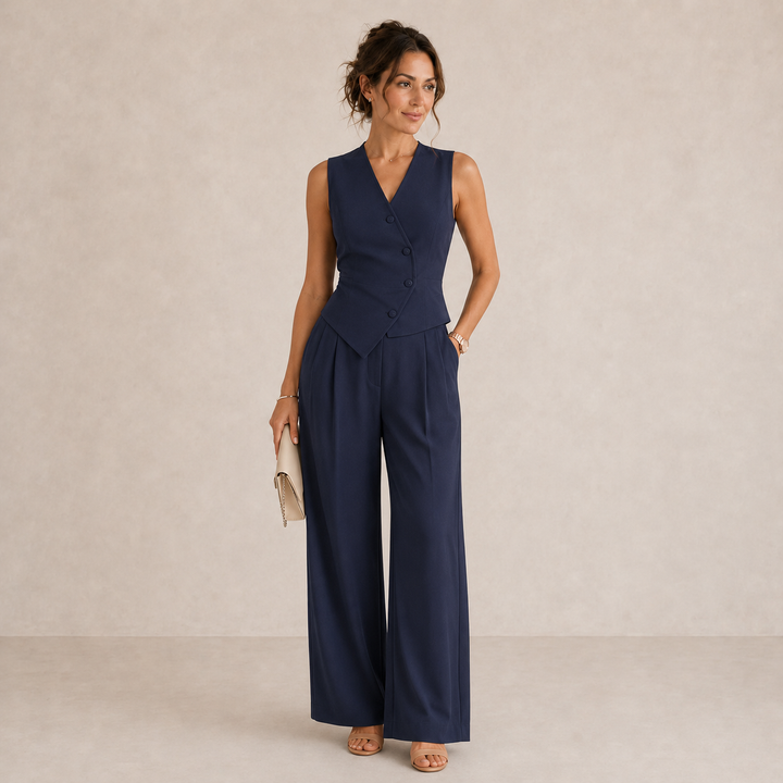 Maristelle - Conjunto con blazer sin mangas y pantalón de pierna ancha