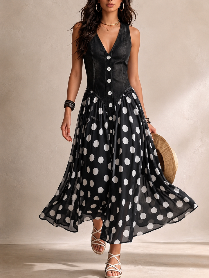 Ameliora - Vestido de lunares de materiales mixtos