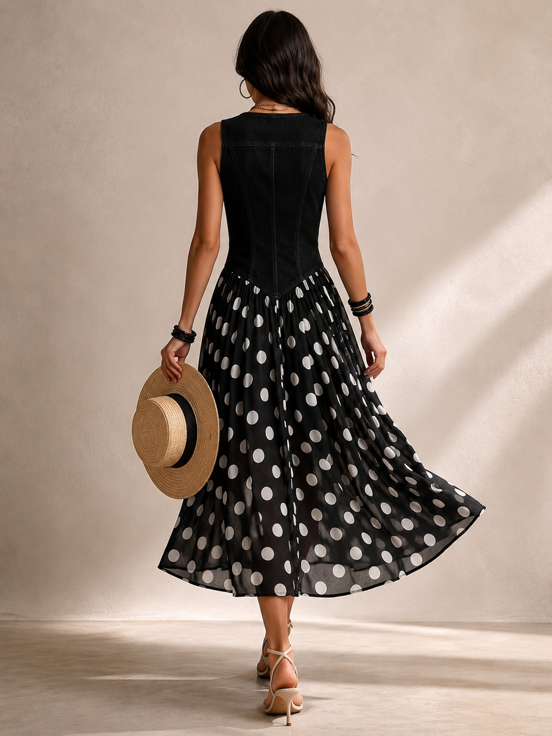 Ameliora - Vestido de lunares de materiales mixtos