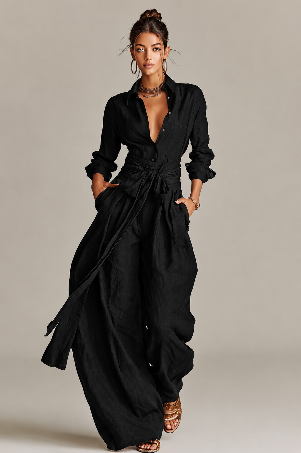 Primalyn - Conjunto de top ligero con botones y pantalón de pierna ancha