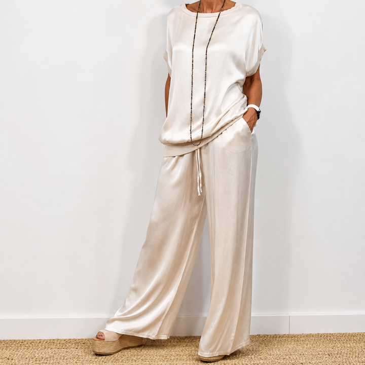 Nadine - Conjunto de top de satén y pantalón de pierna ancha