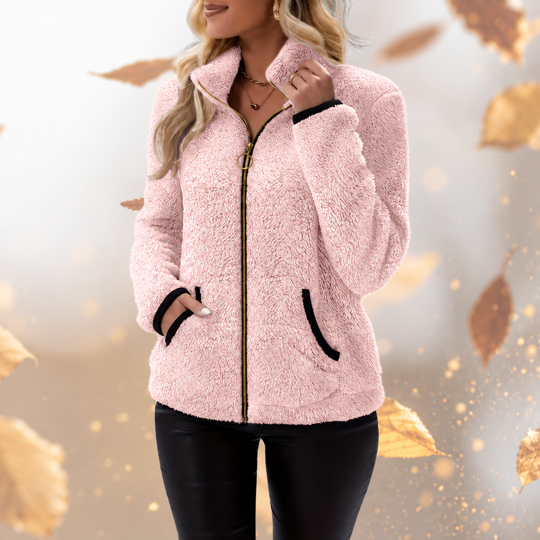 Adria - Chamarra de forro polar sherpa con cuello alto