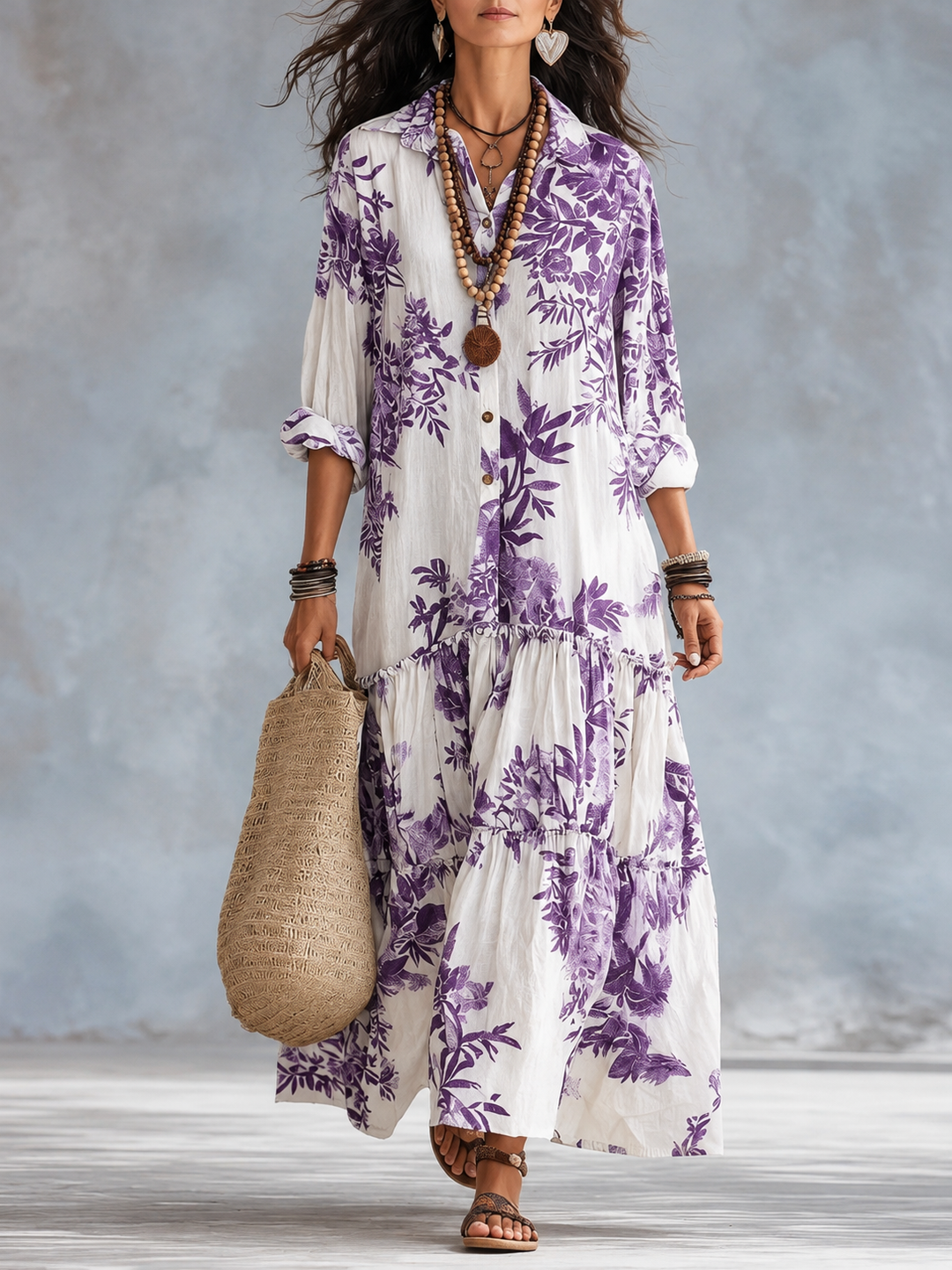 Galenisse - Vestido maxi abotonado con estampado floral