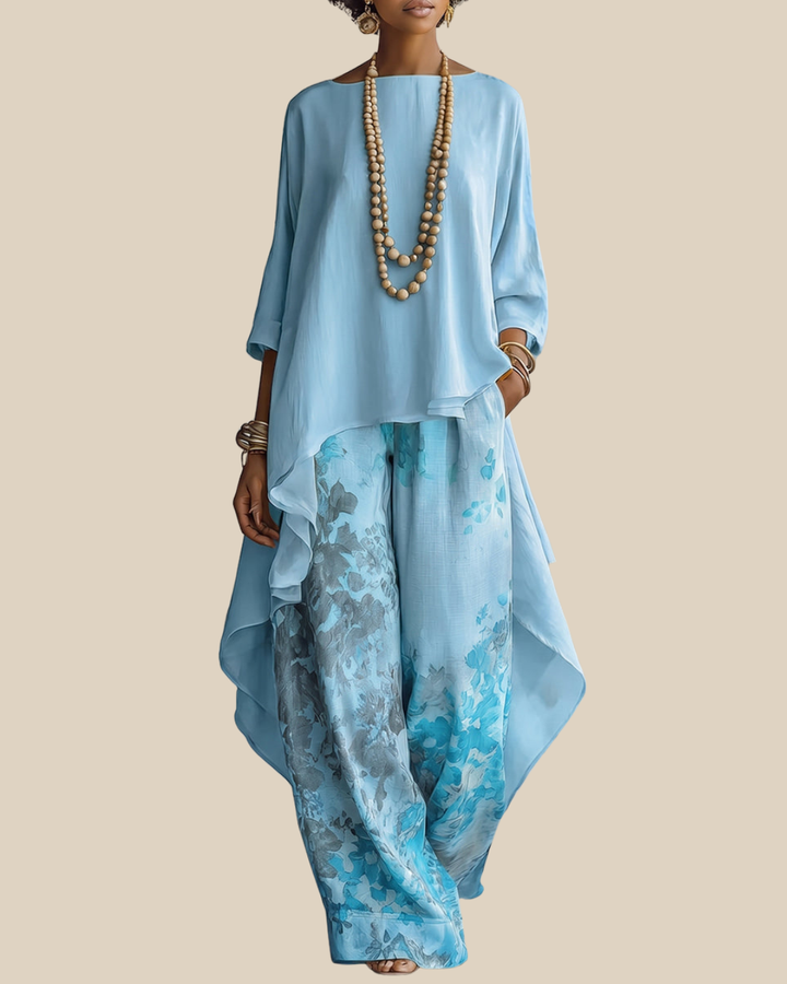 Anwyn - Conjunto de top de gasa con capas y pantalones de pierna ancha