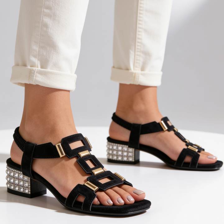 Marcella - Sandalias de tacón ancho con correa trasera y aplicaciones de cristal