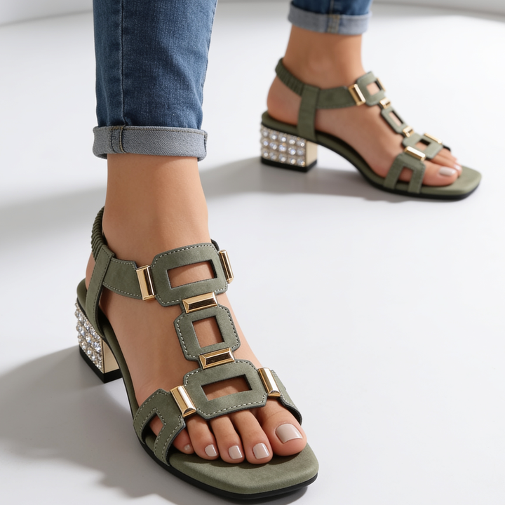 Marcella - Sandalias de tacón ancho con correa trasera y aplicaciones de cristal