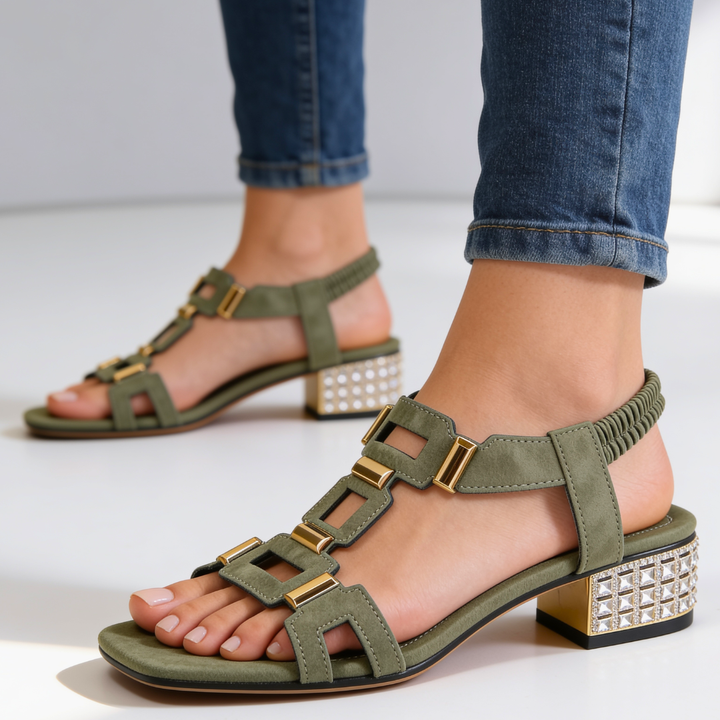 Marcella - Sandalias de tacón ancho con correa trasera y aplicaciones de cristal