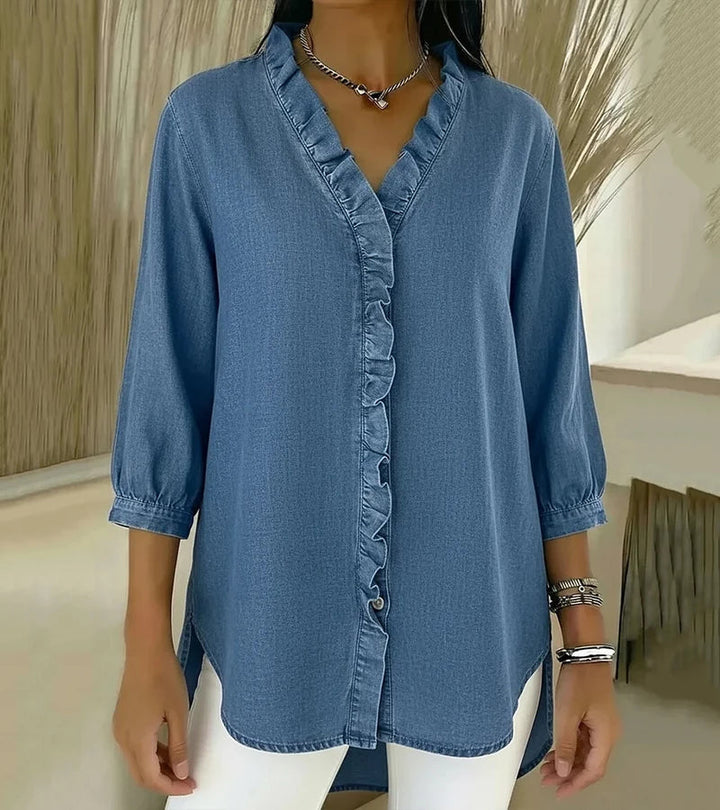Aelyssa - Blusa con holanes y escote en V de tacto suave