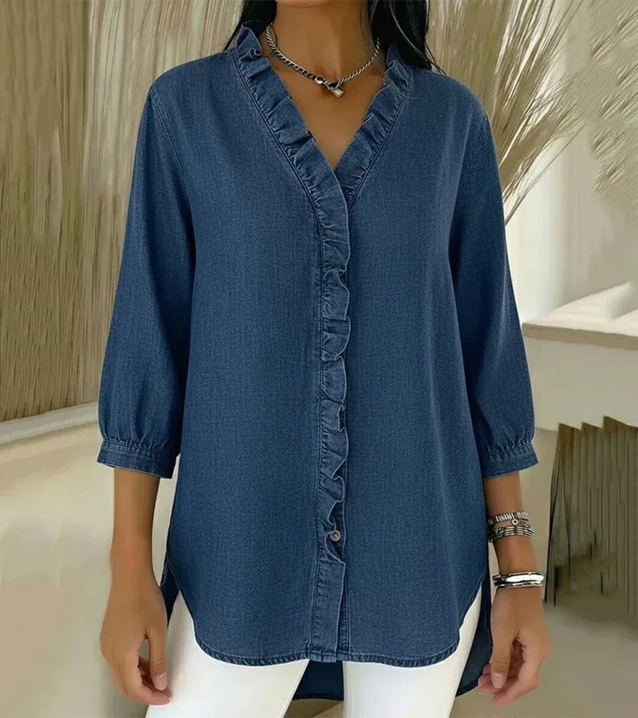 Aelyssa - Blusa con holanes y escote en V de tacto suave