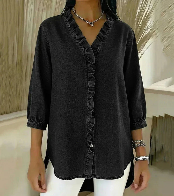 Aelyssa - Blusa con holanes y escote en V de tacto suave