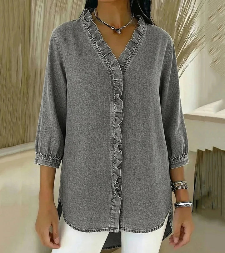 Aelyssa - Blusa con holanes y escote en V de tacto suave