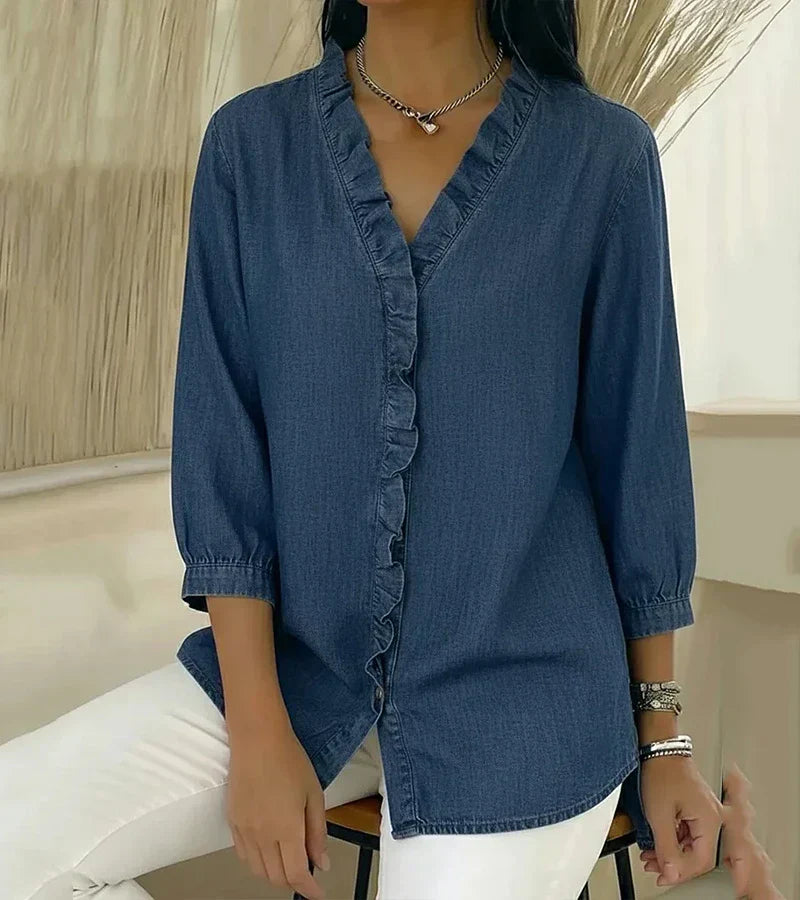 Aelyssa - Blusa con holanes y escote en V de tacto suave