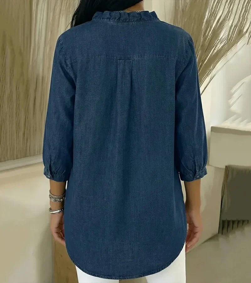 Aelyssa - Blusa con holanes y escote en V de tacto suave