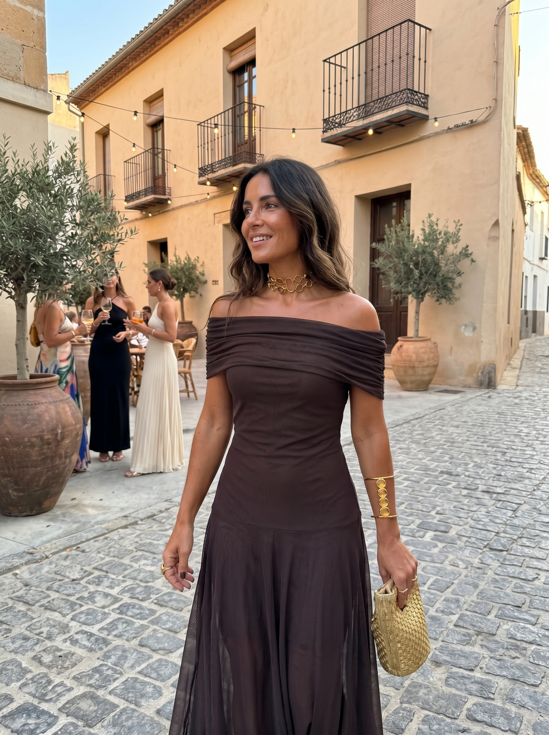 Kaida - Vestido drapeado con escote bardot