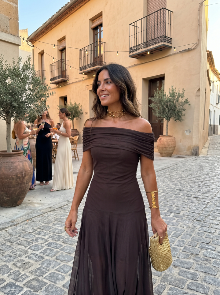 Kaida - Vestido drapeado con escote bardot