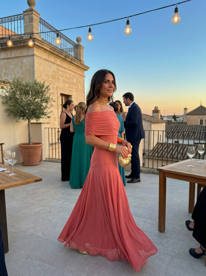 Kaida - Vestido drapeado con escote bardot