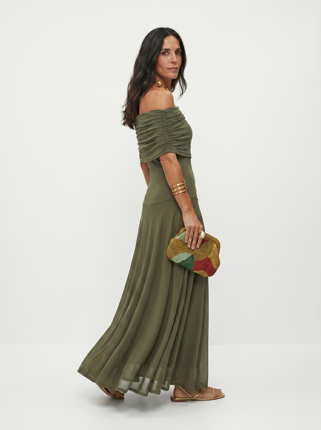 Kaida - Vestido drapeado con escote bardot