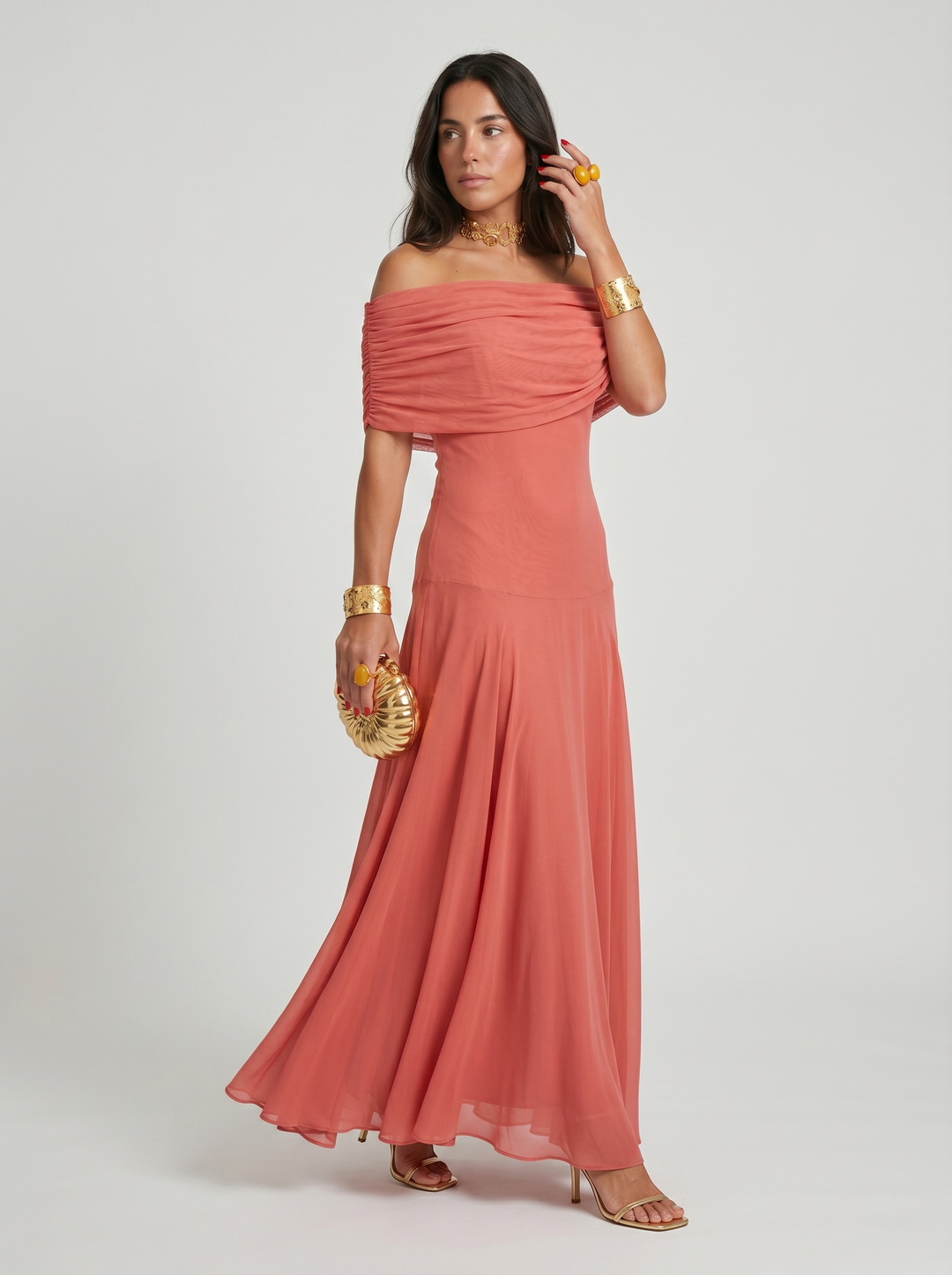 Kaida - Vestido drapeado con escote bardot