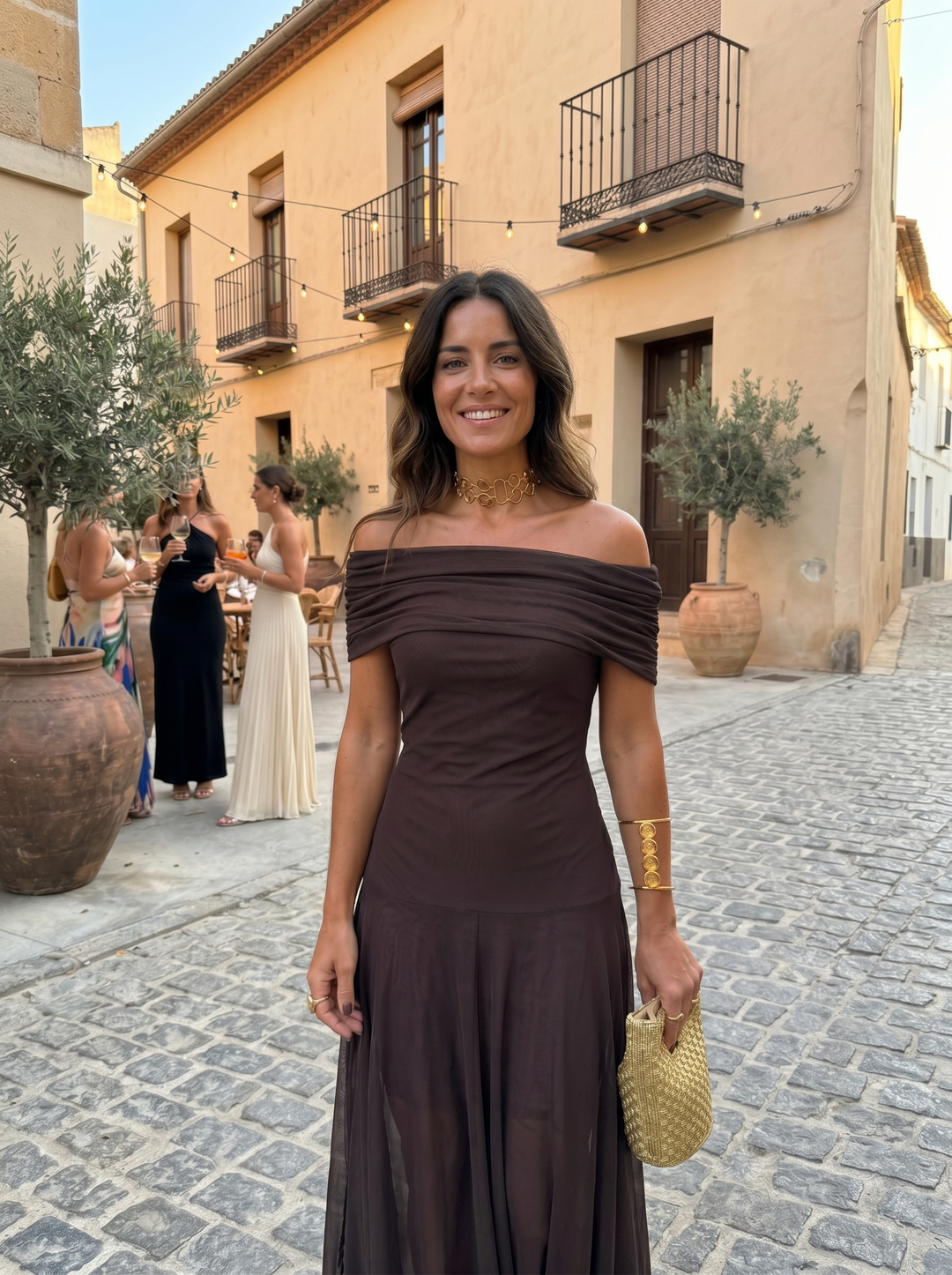Kaida - Vestido drapeado con escote bardot