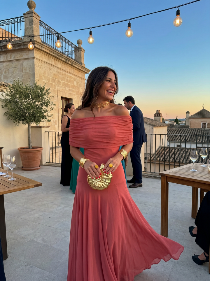 Kaida - Vestido drapeado con escote bardot